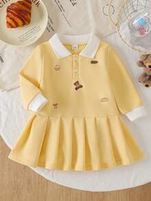 SHEIN Playful Pals 女婴粉色小熊印花长袖翻领连衣裙，甜美时尚，舒适百搭，适合日常穿着，春秋季 - 黃色 - 查看 4