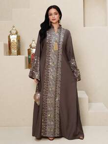 Al Najma Women's Elegant Sequin Embroidery Notched Neck Loose Dress, Autumn - Multicolor - View 6