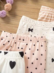 SHEIN Vintaside Kids 5件套女婴休闲日常百搭心形、波点、蝴蝶结、条纹印花裤，春秋 - 彩色 - 查看 3