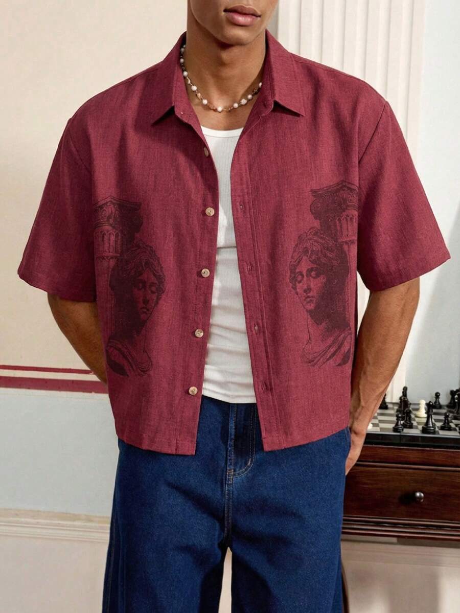 SWAVVY 男士落肩短袖前扣罗马肖像印花衬衫 男士保龄球衬衫 美杜莎衬衫 男士衬衫 酒红色男士衬衫 男士教堂衬衫 男士宽松衬衫 酒红色男士衬衫 - 酒紅色 - 查看 1