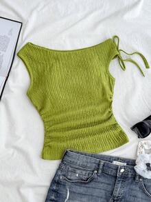 SHEIN Teen Girls' Knitted Olive Green Jacquard Asymmetric Shoulder Bow Decor Ruched T-Shirt,Cute Summer Vacation Holiday Ribbed Tube Top Camisole Set - Olive Green - View 6