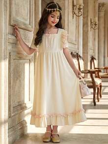 SHEIN Tween Girls' Loose Casual Minimalist Comfortable Square Neck Ruffle Hem Loungewear - Apricot - View 6