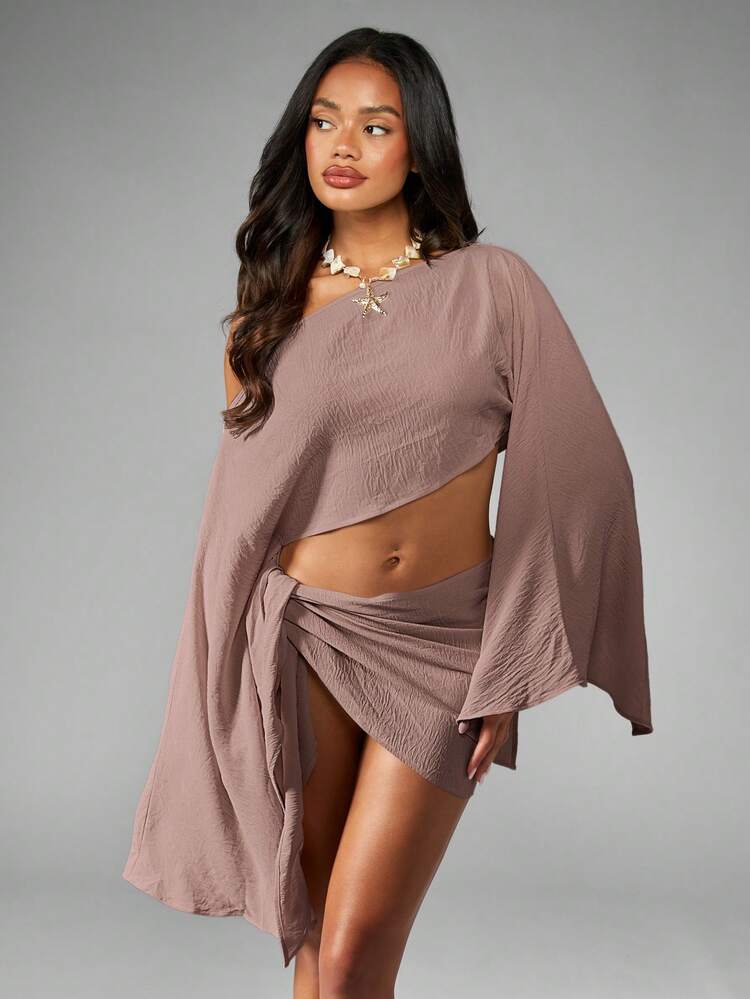 MISSGUIDED Off Shoulder Textured Cover Up With Bell Sleeves And Asymmetric Wrap Skirt Beach Resort Linen Feel Co Ord