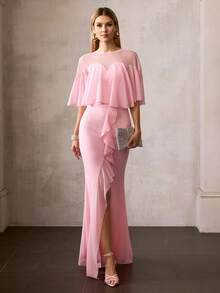 MOTF PREMIUM Váy dạ hội dài chấm đất bằng vải chiffon cổ tròn tay lửng thanh lịch dành cho nữ - Váy viền xếp nếp hình nàng tiên cá với chi tiết xẻ tà và lưng trong suốt, lý tưởng cho tiệc cưới, sinh nhật và tiệc cocktail, phong cách với hoa tai xinh xắn và giày cao gót quai mảnh - Hồng - Xem 5