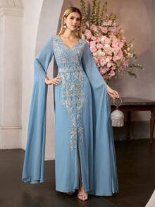 MOTF PREMIUM WOMEN'S ELEGANT V-NECK FLOOR-LENGTH PARTY GOWN , SPARKLY BEADS & SEQUIN EMBELLISHMENTS, DETACHABLE WAIST BELT & FITTED SILHOUETTE , PERFECT FOR HOLIDAY PARTIES, FORMAL EVENTS & FESTIVE OCCASIONS - Blue - View 7