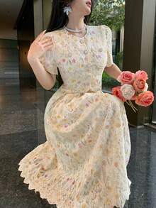 DAZY Bộ 2 chiếc váy maxi nữ thanh lịch, viền ren hoa, thắt eo, phong cách boho, thích hợp cho kỳ nghỉ. - Màu be - Xem 4
