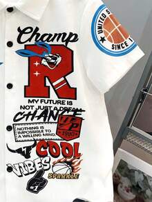 SHEIN Tween Boy Casual Loose Street Style Letter Print Polo Collar Short Sleeve Shirt, Suitable For Commuting, School, Daily Casual Wear, Sports, Spring/Summer Y2k Vacation Goth Gothic Streetwear Sumwon Burgundy Holiday Vintage Boho Festival Mardi Gras Party Cute Birthday Boys Modest Home Casual Cozy - Multicolor - View 5