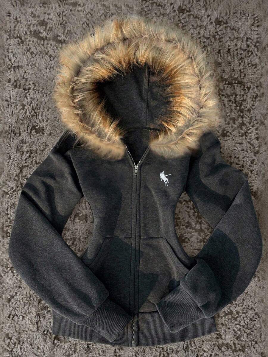 Glimmora New Women Zip-Up Sweatshirt, Gray Long Sleeve Jacket - Dark Grey - View 1