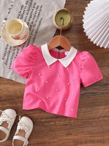 Elladie kids 4-7岁女童淑女风白色小领玫红色泡泡袖串珠前襟上衣，适合春夏日常穿着、户外活动、休闲外出 - 玫紅色 - 查看 8