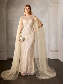 MOTF PREMIUM ELEGANT ULTRA-LONG TULLE SLEEVE ROUND NECK FLOOR-LENGTH MERMAID EVENING GOWN – SHEER FRONT & BACK DESIGN DRESS WITH SPARKLY BEADED FABRIC ACCENTS, FITTED SILHOUETTE FOR WEDDINGS, GALAS & SPECIAL OCCASIONS FOR WOMEN - Champagne - View 4