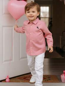 Cozy Pixies Conjunto de 2 piezas de chaqueta de punto con cuello y estampado de caballo de dibujos animados y pantalones de cintura elástica para niño pequeño - Rosa vieja - Ver 1