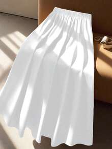 SHEIN Clasi 大码女式撞色滚边纽扣装饰休闲半身裙 - 白色 - 查看 2