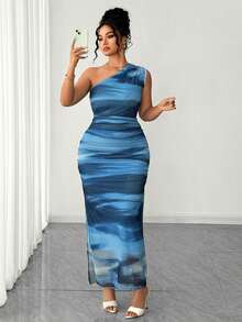 Elenzga Vestido midi feminino plus size com estampa tie-dye floral, decote assimétrico, modelagem justa, sem mangas e franzido. Ideal para primavera/verão, com um ombro só e detalhe franzido. Perfeito para festas, Dia dos Namorados, passeios, Dia das Mães, festivais de música e férias. - Azul - Ver 4