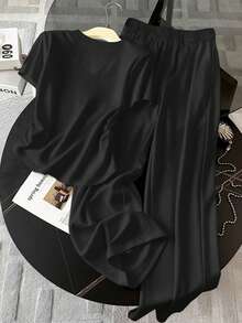 Resyla 女士字母樱桃印花圆领短袖荷叶边T恤和阔腿裤休闲两件套 - 黑色 - 查看 2