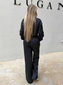 Cioccolato 女士休闲街头风格人造毛皮连帽宽松 2 件套运动服套装 - 黑色 - 查看 2