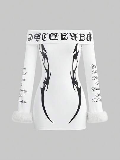 ROMWE Avant Women's Autumn Fashion Letter Pattern Off Shoulder Fuzzy Cuff Mini Dress