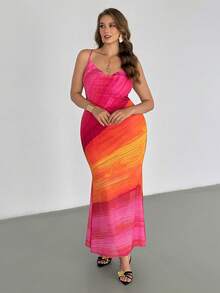 Auralis 大码女装春夏时尚优雅舒适粉橙扎染印花连衣裙，夏季服装，情人节女装，沙滩裙，度假裙，曲线连衣裙 - 粉色 - 查看 6