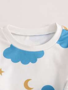 2 pièces/set Haut à manches longues et pantalon de pyjama ajusté avec imprimé lune et nuage, pour jeune garçon, en tricot doux - Rouge - Voir 4