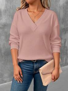 EMERY ROSE Plus Size Women V-Neck Casual Drop Shoulder Long Sleeve T-Shirt, Solid Color - Multicolor - View 5