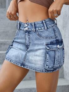 SHEIN ICON Solid Color Slant Pocket Casual Versatile Low-Waist Super Short Denim Skirt - Blue - View 6