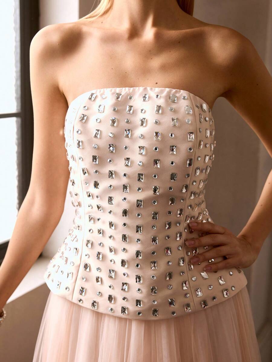 MOTF Soiréza WOMEN'S RHINESTONE EMBELLISHED CONTRAST MESH RUCHED LONG FORMAL DRESS