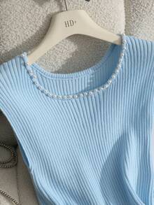 Lyxana Women's Pearl Decor Round Neck Solid Color Fitted Knit Top, Spring/Summer - Blue - View 1