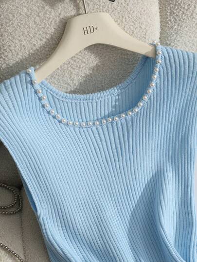 GlowEve Women's Pearl Decor Round Neck Solid Color Fitted Knit Top, Spring/Summer