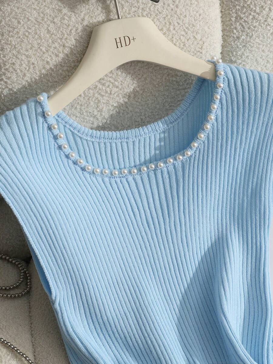 Lyxana Women's Pearl Decor Round Neck Solid Color Fitted Knit Top, Spring/Summer - Blue - View 1