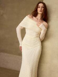 MOTF PREMIUM WOMEN'S ELASTIC KNIT JACQUARD OFF THE SHOULDER RUCHED ELEGANT DRESS FOR DATES - Beige - View 5