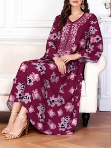 Al Najma 女士花卉图案数码复古印花V领长袖优雅阿拉伯风格长款连衣裙，春夏款 - 彩色 - 查看 4