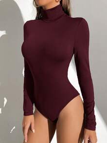 SHEIN Tall 女士纯色高领长袖休闲连体衣 - 中紫紅色 - 查看 5