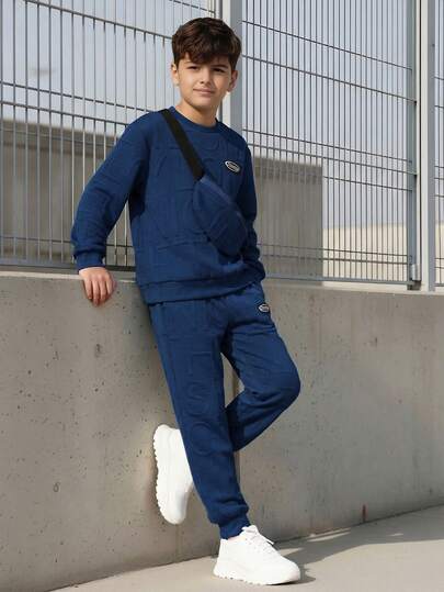 SHEIN Vacaura 3-delars set: Tröja, mjukisbyxor och ryggsäck med bokstavsstruktur för tween-pojkar (varje vara kan säljas separat)