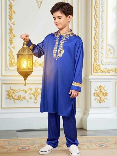 SHEIN Tween Boy Festival Jellabiya, traditionella arabiska kläder, morgonrockklänning pojkar casual bekväm kofta långärmad skjorta och byxor träningsset blå skjortset bastopp, lämplig för vår/sommar, utflykter, alla hjärtans dag, dejter, resor, semester, familjesammankomster, tillbaka till skolan, bröllopssäsong, formella middagar, födelsedagsfester