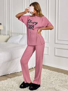 EURMUSE Sleepy Girl Ribbed Short Sleeve Lounge Set – Moon & Cozy Vibes In Blush Pink - Pink - View 5