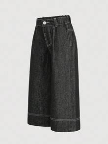 Young Girl' Navy Blue Denim Ruffle Hem Loose Fit Pants - Black - View 5