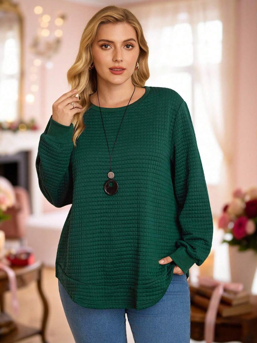 Rosumi Plus Size Women's Solid Color Crew Neck Long Sleeve Loose Casual Sweatshirt, Fall & Winter Autumn - Dark Green - View 1