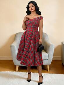 EMERY ROSE Plus Size Women Vintage Christmas Plaid Dress, Red Plaid A-Line Dress - Multicolor - View 3