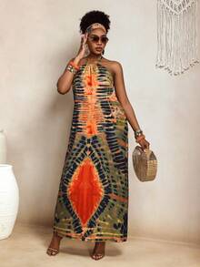 BamGleam Halter Neck A-Line Tie-Up Backless Women's Fashion Pattern Elegant Beach Summer Holiday Dress - Multicolor - View 3