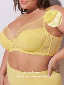 LUVLETTE Plus  Soft Woman Lingerie Lounge Curve Sheer Full Coverage Support&Breathable Underwire Sexy Unlined Minimizer Lace Elegance & Mesh Yellow Bra Bridal Intimates - Yellow - View 5