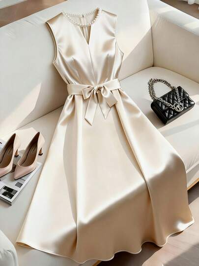 Franclia Women's Sleeveless Satin Elegant Split Pearl Decor Tie Waist Dress, Spring/Summer