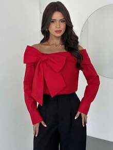 Firerie Women's Elegant, Refined, Romantic Off-Shoulder Bowknot Long Sleeve Blouse, Suitable For Commuting, Street Style And Urban Chic, Autumn/Winter - Red - View 4