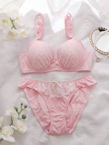 DelicateAllure 2件套浪漫蕾丝爱心半罩杯文胸套装，可爱蝴蝶结装饰，3/4罩杯钢圈舒适半罩杯文胸和吊带睡裙内衣套装，女士 - 粉色 - 查看 1