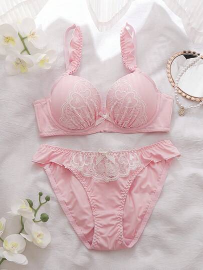 DelicateAllure 2件套浪漫蕾丝爱心半罩杯文胸套装，可爱蝴蝶结装饰，3/4罩杯钢圈舒适半罩杯文胸和吊带睡裙内衣套装，女士