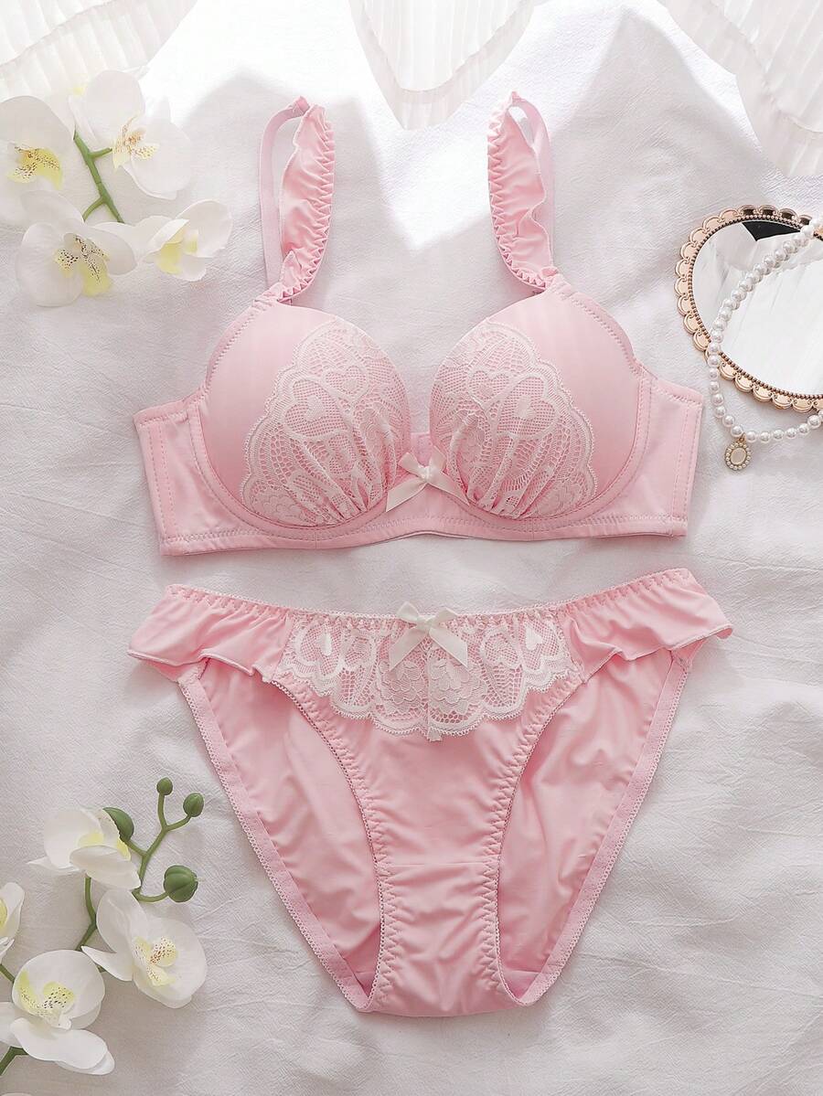 DelicateAllure 2件套浪漫蕾丝爱心半罩杯文胸套装，可爱蝴蝶结装饰，3/4罩杯钢圈舒适半罩杯文胸和吊带睡裙内衣套装，女士 - 粉色 - 查看 1