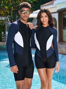 Manfinity VDAYZ Men's Contrast Color Zipper Long Sleeve One-Piece Swimsuit Men's Fashion Beach Couple Swimsuit It Is Great For Couples And Makes An Excellent Gift Idea For Boyfriends Or Husbands