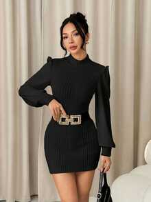 SHEIN PETITE Gaun Kerah Tegak Bergaris Lengan Bishop Warna Hitam, Ukuran Petite untuk Wanita - Hitam - View 10