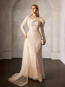 MOTF PREMIUM ELEGANT ROUND NECK LONG SLEEVE FLOOR-LENGTH PEARL-EMBELLISHED PARTY GOWN WITH SHOULDER ACCENTS, SIDE SHEER TULLE TRAIN & MERMAID FISH-TAIL SKIRT, BEADED FABRIC, SLIM-FITTING SILHOUETTE FOR ALL SEASON FORMAL EVENTS & GALAS - Champagne - View 4