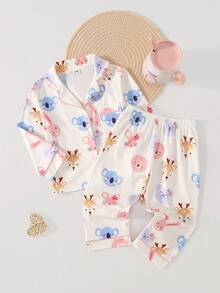 2 pezzi Set pigiama per bambine con cardigan a maniche corte e pantaloncini con stampa di cartoni animali su tutto il capo - Multicolore - Visualizzare 3