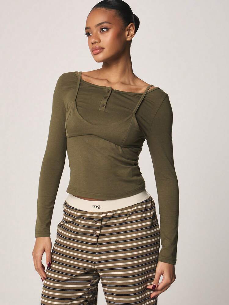 MISSGUIDED Olive Long Sleeve Overlay Bralette Top