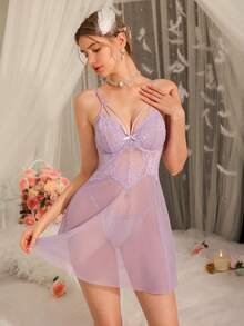 DelicateAllure Bộ đồ lót 2 món phối ren và lưới tương phản có gọng dành cho nữ - Màu Lilac Tím - Xem 5